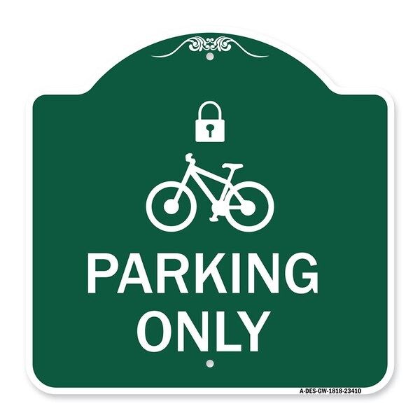 Parking With Cycle and Lock, Green & White Aluminum Architectural Sign, 18" x 18", GW-1818-23410